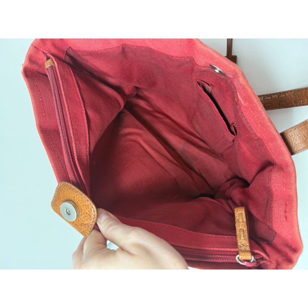 Fossil Red Canvas Brown Leather Trim Tote Shoulder Bag Whipstitch Key Charm - Picture 11 of 14